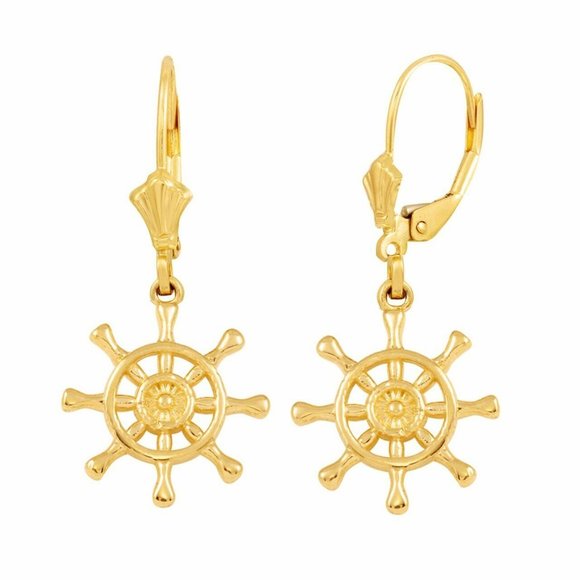 Ship Wheel Earrings in 14k Real Gold, Boat Helm Earrings  14k Real Gold Nautical Ship Wheel Earring Set